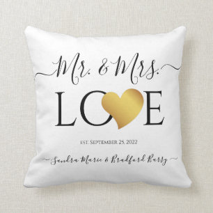 Wedding Black Gold Heart Script Name Mr. and Mrs. Cushion