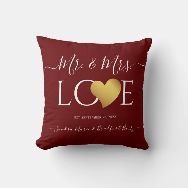 Wedding Black Gold Heart Script Name Mr. and Mrs.  Cushion (Front)