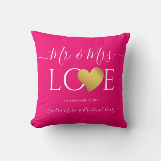 Wedding Black Gold Heart Script Name Mr. and Mrs.  Cushion (Front)