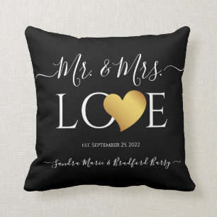Wedding Black Gold Heart Script Name Mr. and Mrs. Cushion