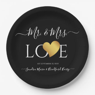 Wedding Black Gold Heart Script Name Mr. and Mrs Paper Plate