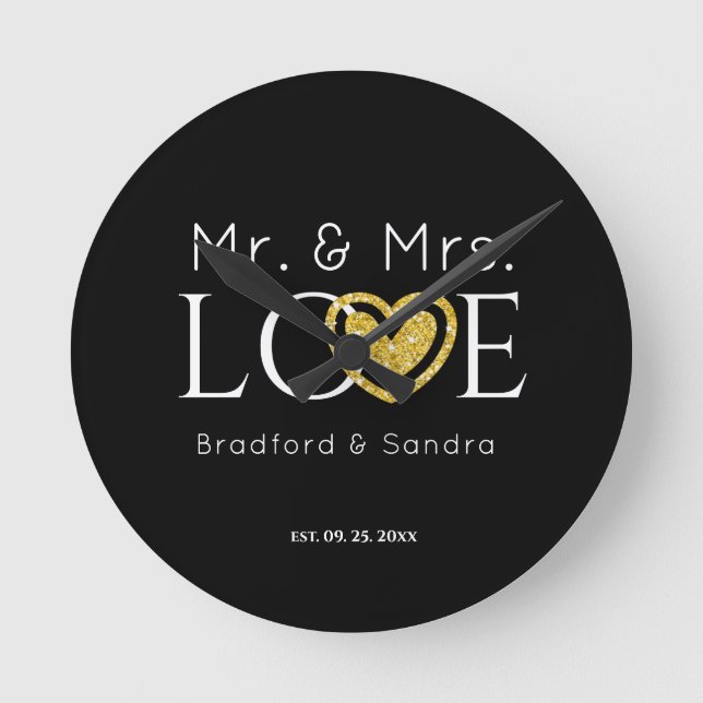 Wedding Black Gold Heart Script Name Mr. and Mrs.  Round Clock (Front)