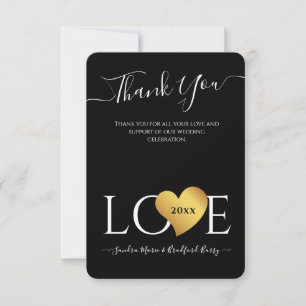Wedding Black Gold Heart Script Name Mr. and Mrs.  Thank You Card