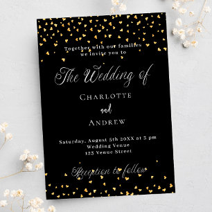 Wedding black gold hearts elegant script invitation