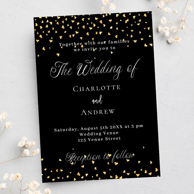 Wedding black gold hearts elegant script invitation (Creator Uploaded)