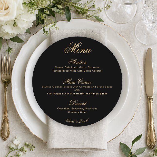 Wedding Black Gold Simple Calligraphy Script Round Menu (Creator Uploaded)