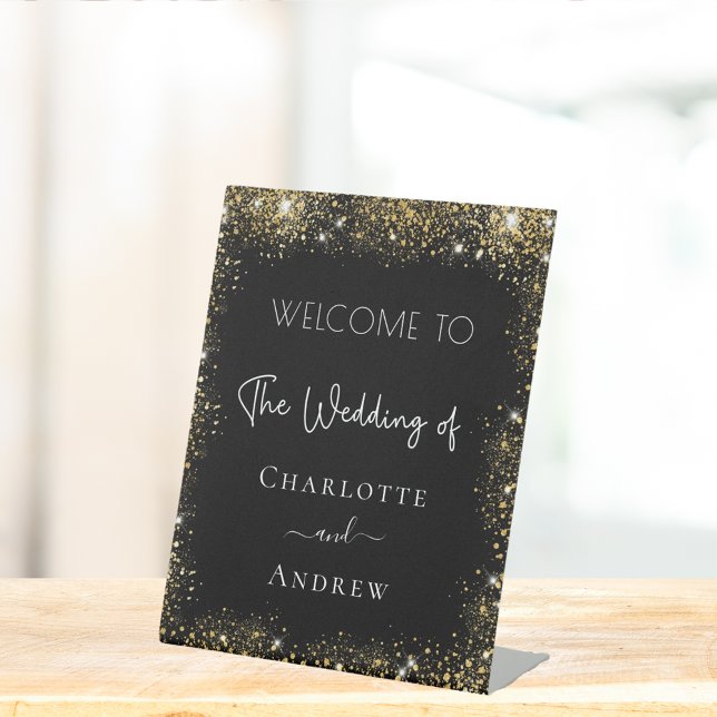 Wedding black gold sparkles welcome pedestal sign (Creator Uploaded)