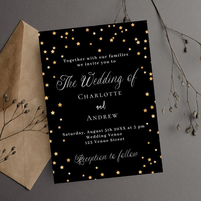 Wedding black gold stars elegant script invitation (Creator Uploaded)