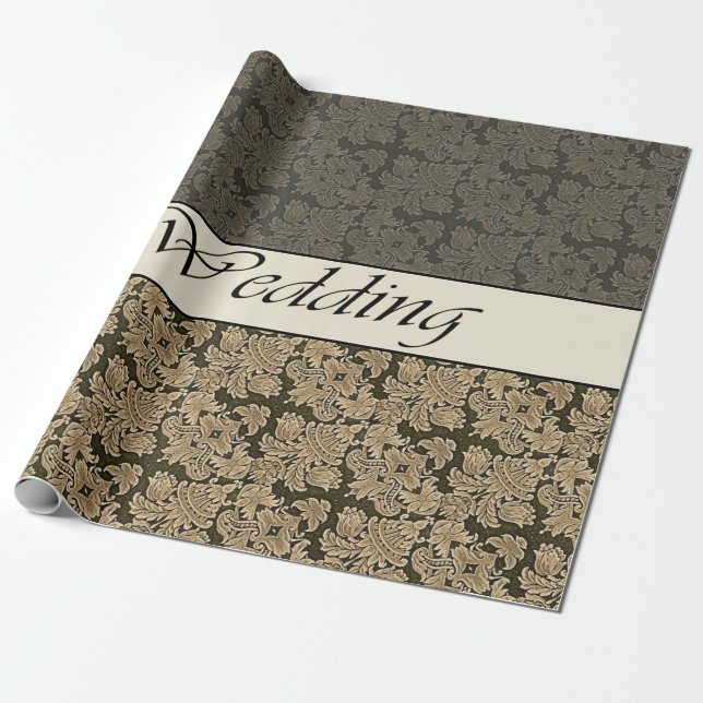 Wedding Black Golden Brocade Wrapping Paper (Unrolled)
