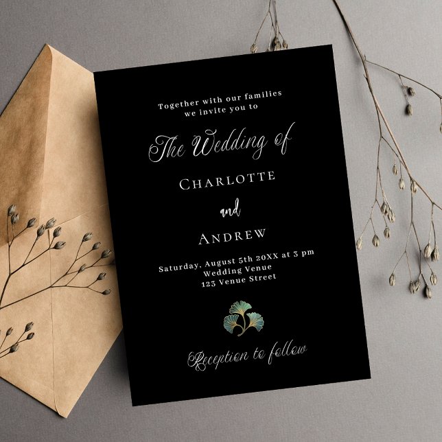 Wedding black greenery ginkgo leaves script luxury invitation (Creator Uploaded)