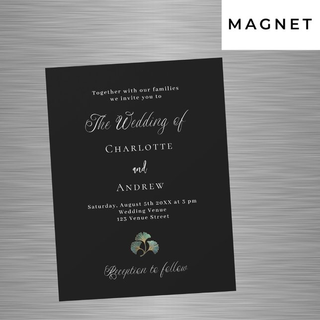 Wedding black greenery ginkgo leaves script luxury magnetic invitation (Creator Uploaded)