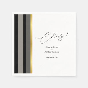 Wedding Black Grey Gold Stripe Cheers Cocktail Napkin