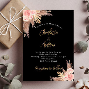 Wedding black pampas grass rose gold floral luxury invitation