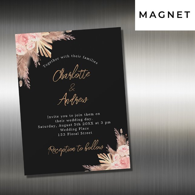 Wedding black pampas grass rose gold floral luxury magnetic invitation (Creator Uploaded)