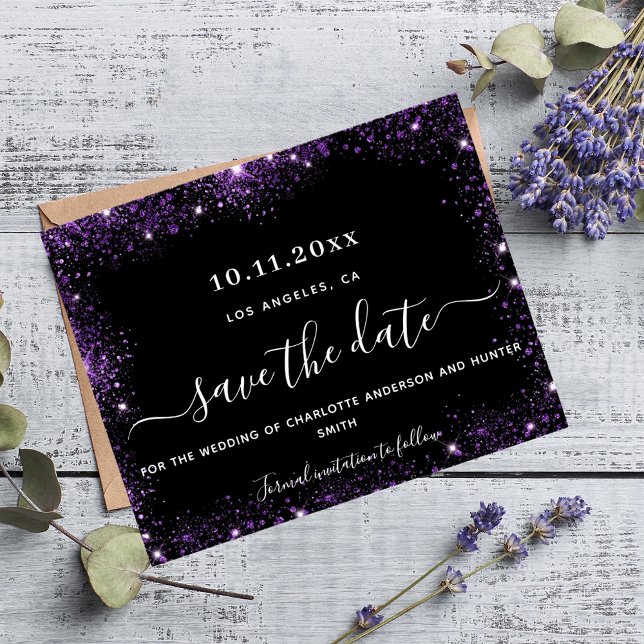 Wedding black purple glitter budget save date flyer (Creator Uploaded)