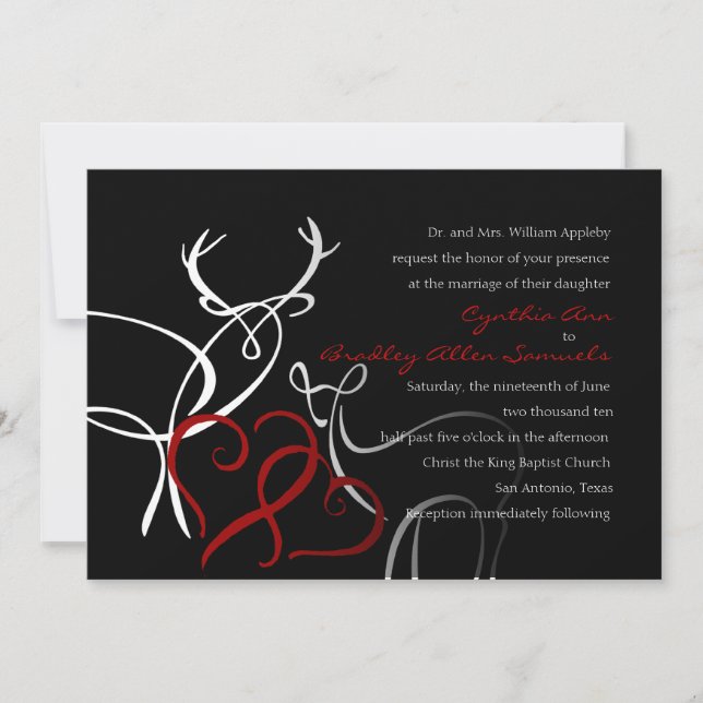 Wedding Black Red White Buck and Doe in Love Invitation (Front)