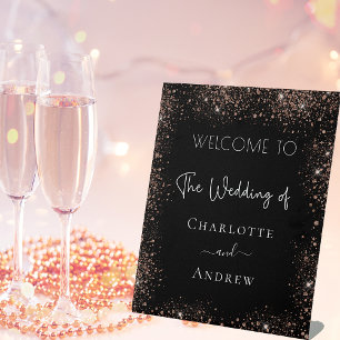 Wedding black rose gold glitter welcome pedestal sign