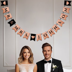 Wedding Black Rose Gold Heart Mr. & Mrs. Last Name Bunting