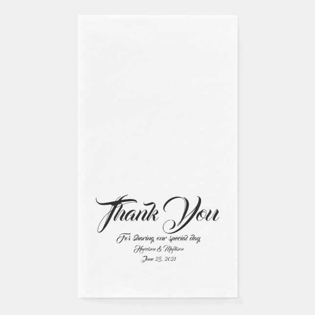Wedding black script custom thank you text names  napkin (Front)