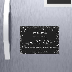 Wedding black silver glitter save date magnet