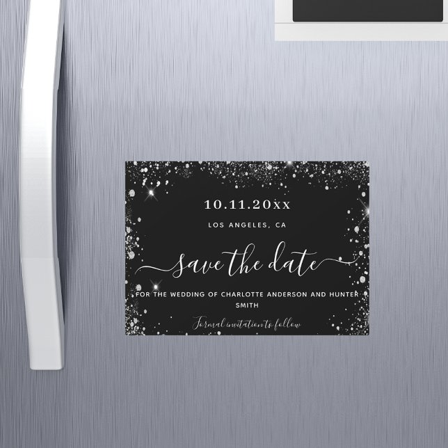 Wedding black silver glitter save date magnet (Creator Uploaded)