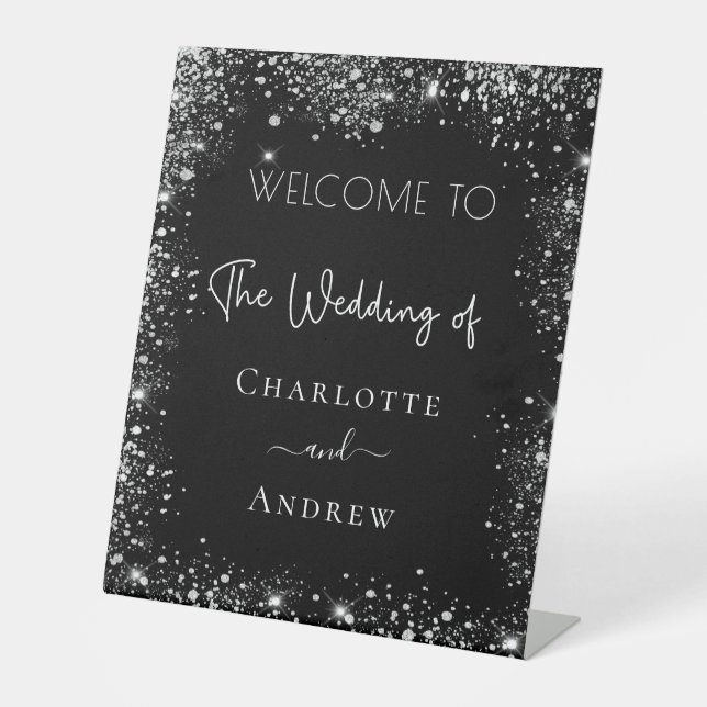 Wedding black silver glitter welcome pedestal sign (Front)
