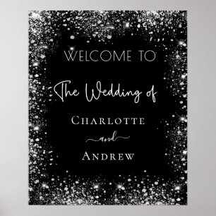 Wedding black silver glitter welcome sign