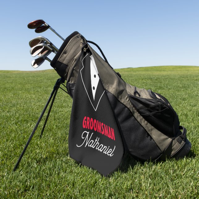 Wedding Black Tie Tuxedo, Red Rose, Customisable Golf Towel (Green)