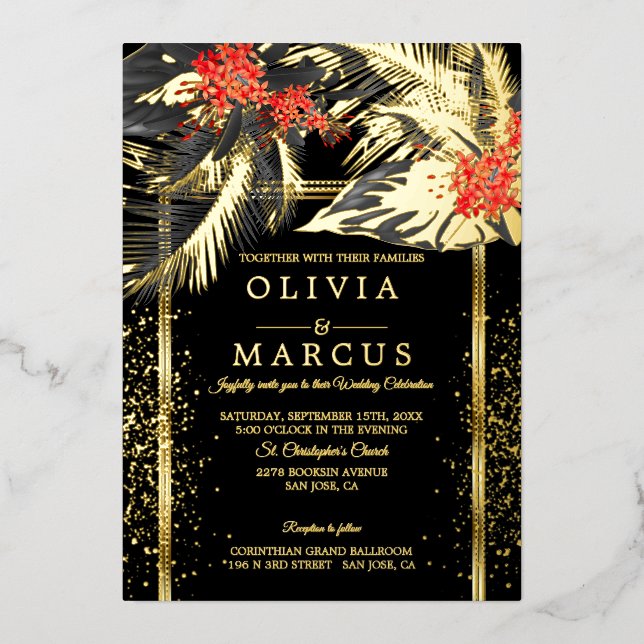 Wedding | Black Tropical Fern Crimson Plumeria  (Front)