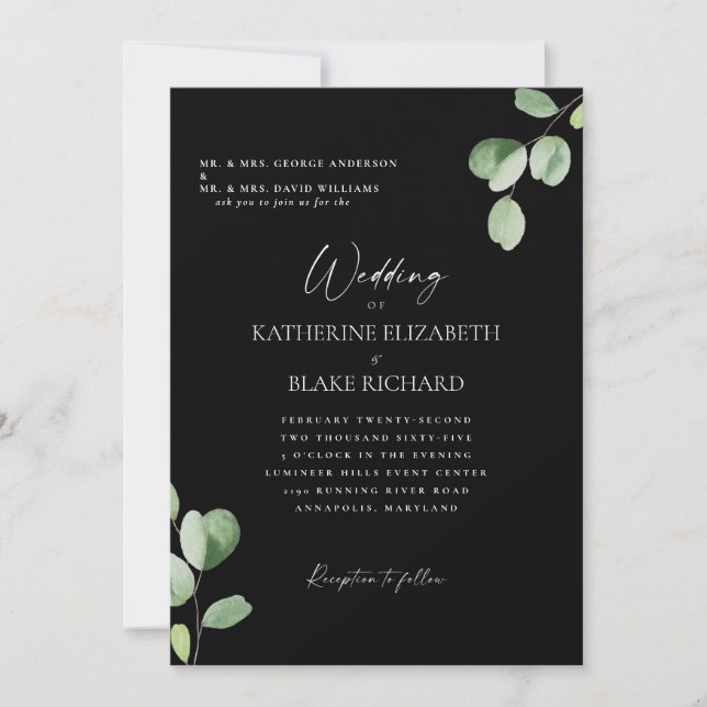 Wedding Black & White Both Parents Eucalyptus  Invitation (Front)