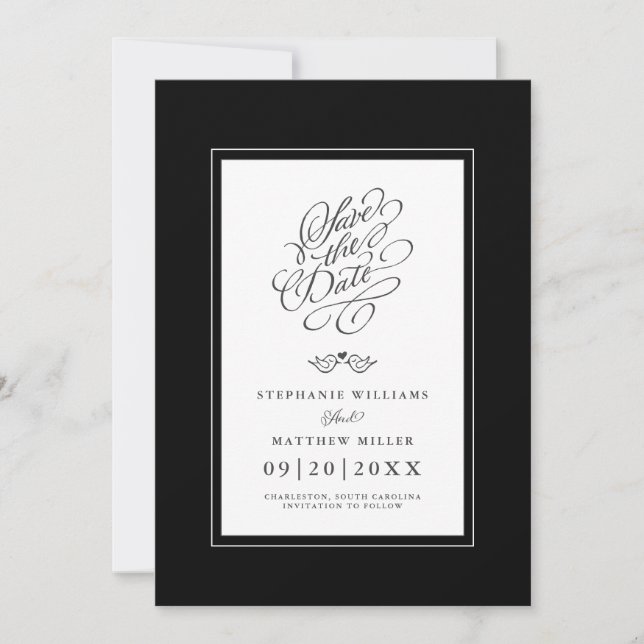 Wedding Black White Calligraphy Printable Digital Save The Date (Front)