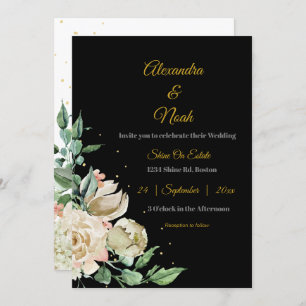 Wedding Black White Elegant Floral Pink Chic Rose Invitation