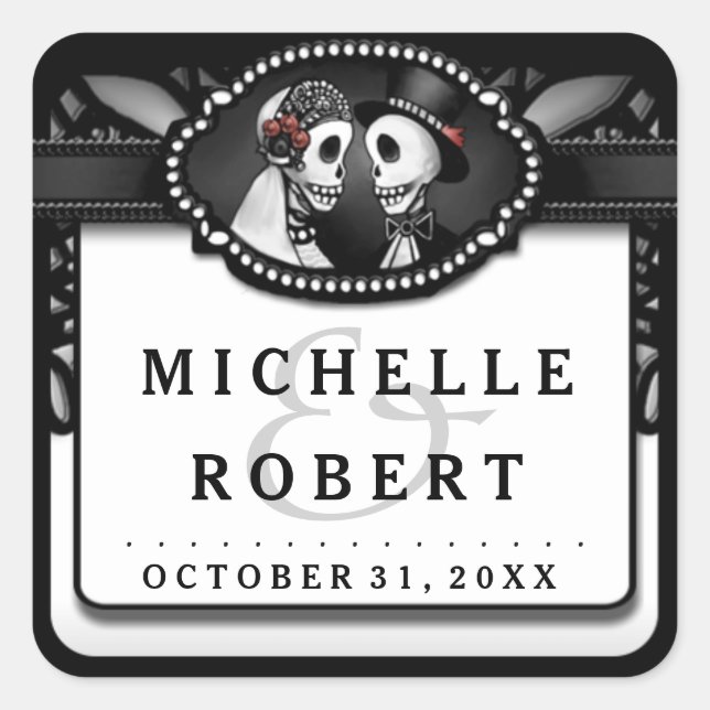 Wedding Black White Lace Names Skeletons Wedding Square Sticker (Front)