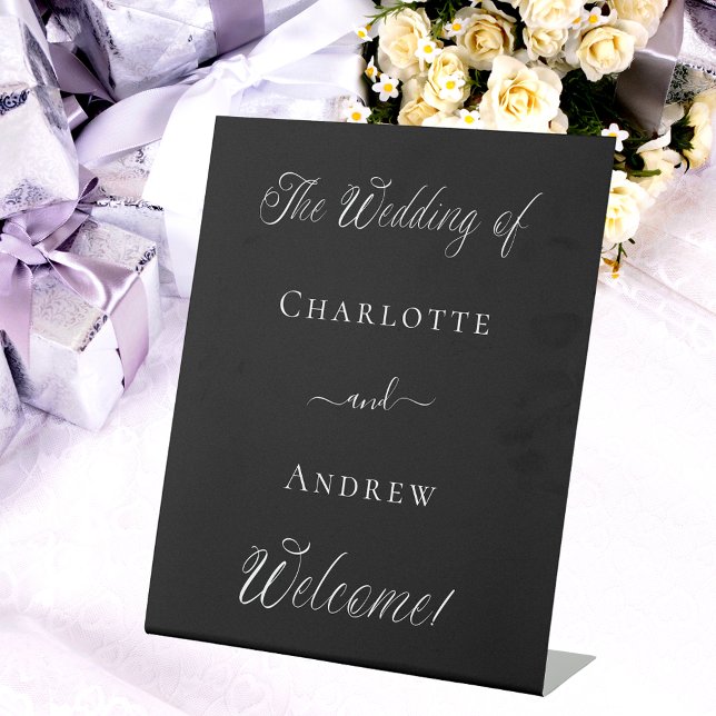 Wedding black white script welcome pedestal sign (Creator Uploaded)