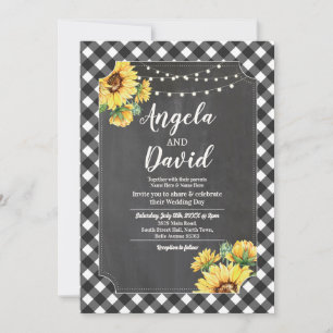 Wedding Black White Sunflower Gingham Floral Light Invitation