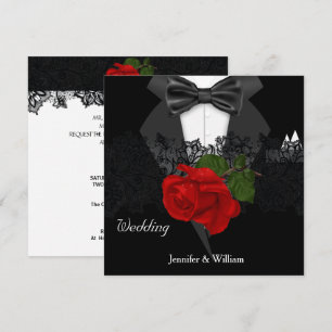 Wedding Black White Tuxedo Deep RED Rose Invitation