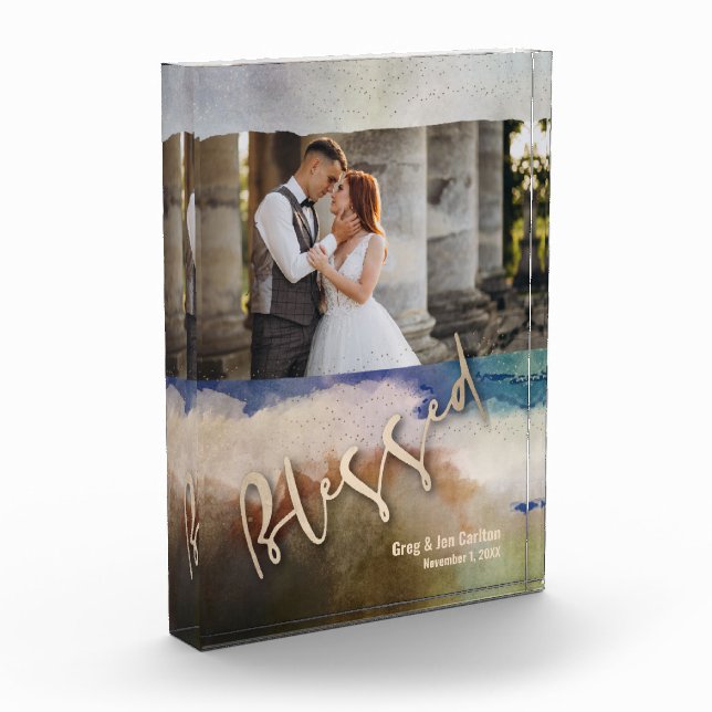 Wedding BLESSED Watercolor Photo Block (Left)