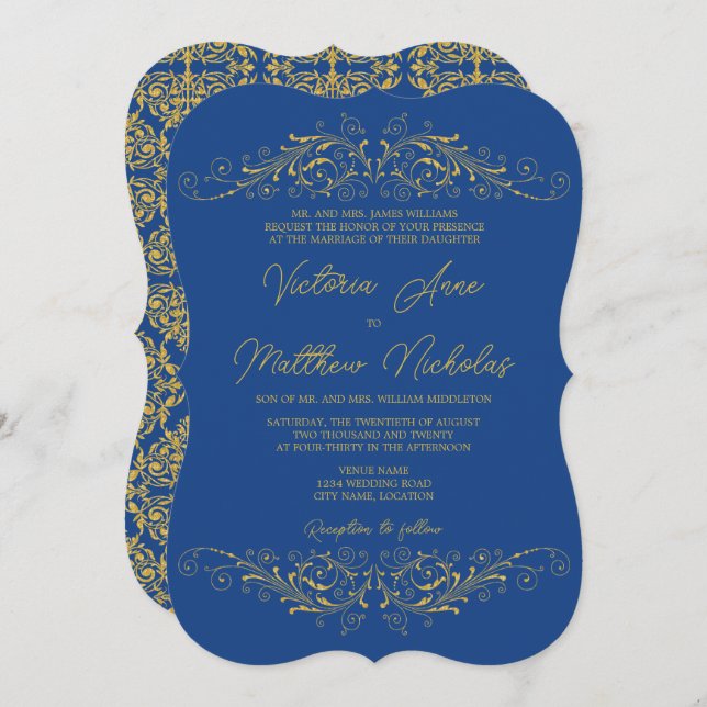 Wedding Bleu and Faux Gold Flourish Damask Invitation (Front/Back)