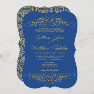 Wedding Bleu and Faux Gold Flourish Damask Invitation