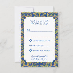 Wedding Bleu and Gold Flourish Damask RSVP Invitation
