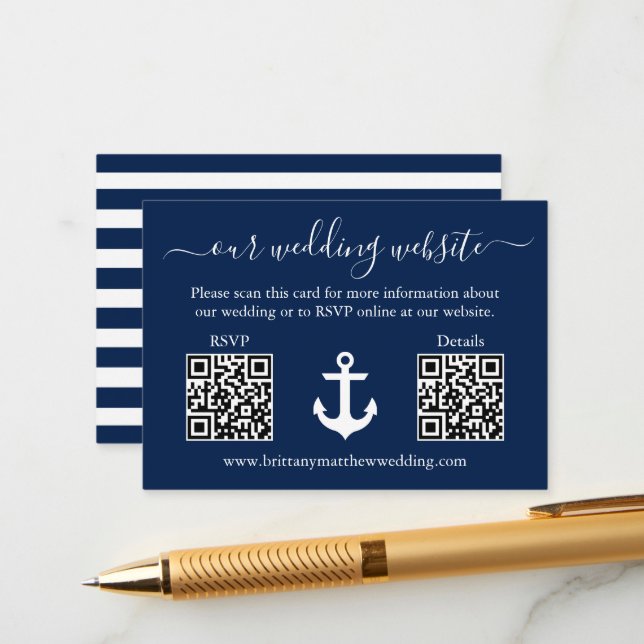Wedding Blue Anchor 2 QR RSVP Details Striped Enclosure Card (Front/Back In Situ)