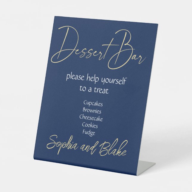 Wedding Blue and Gold Dessert Bar Pedestal Sign (Front)
