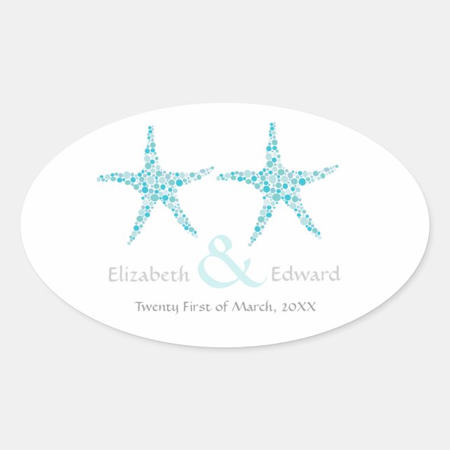 Wedding Blue Aqua Starfish Beach Save the Date Oval Sticker (Front)