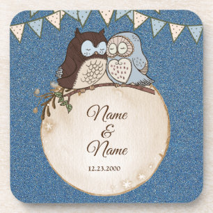 Wedding Blue Brown Owl Glitter Beautiful Beverage Coaster