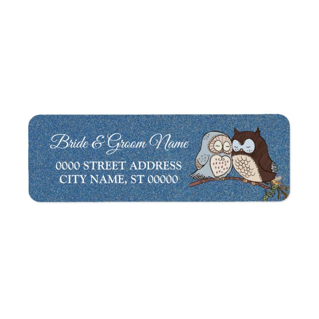 Wedding Blue Brown Owl Glitter Return Address Label (Front)