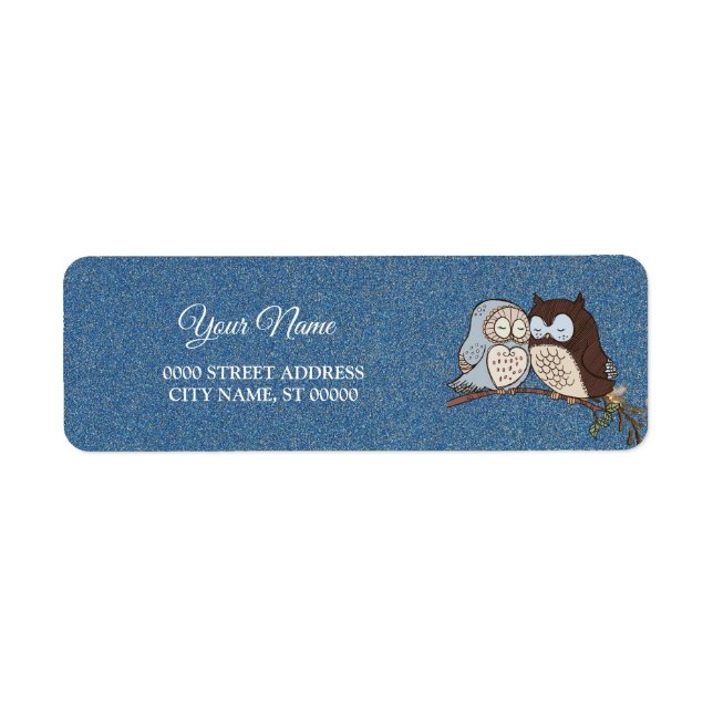 Wedding Blue Brown Owl Glitter Return Address Label (Front)