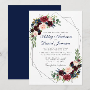 Wedding Blue Burgundy Floral Geometric Silver Invitation