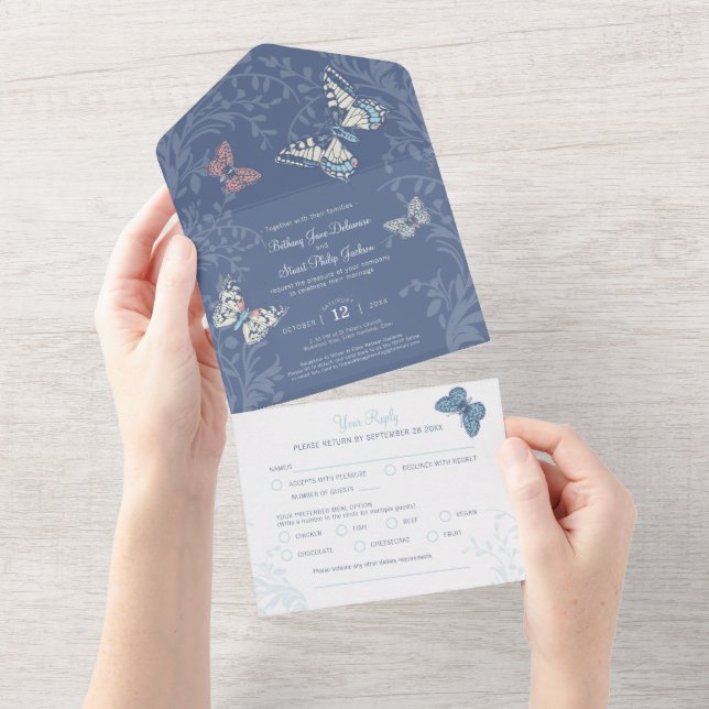 Wedding blue cream butterflies swirls meal RSVP All In One Invitation (Tearaway)