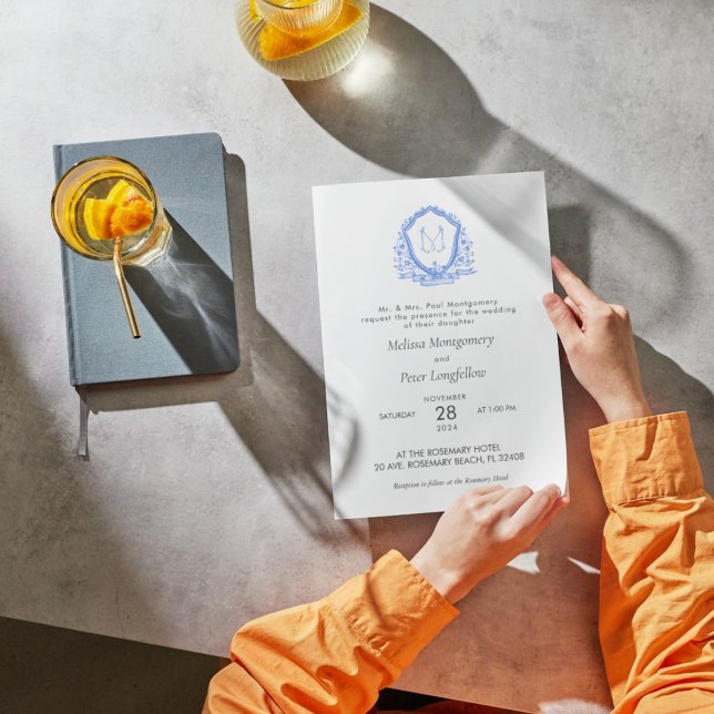 Wedding Blue Floral Crest Calligraphy Monogram Invitation (Creator Uploaded)