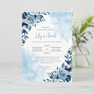 Wedding Blue Flower Bouquet Watercolor  Invitation